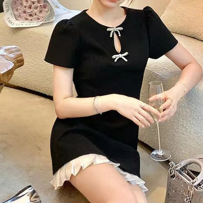 2025 Thousand gold wind bow short-sleeved dress women's summer new high-end temperament waist and thin skirt