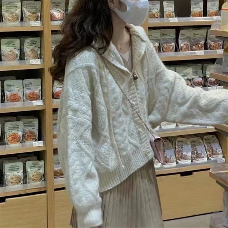 college fall outfits Hooded Horn Buckle Knitted Cardigan Coat Autumn Loose Outer Wear New Design Sense Lazy Style Sweater for Women