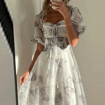 maoxiangshop android vs cyberborg dress to impress Autumn New French Niche Retro Oil Painting Ink Printing Waist-Tight Dress