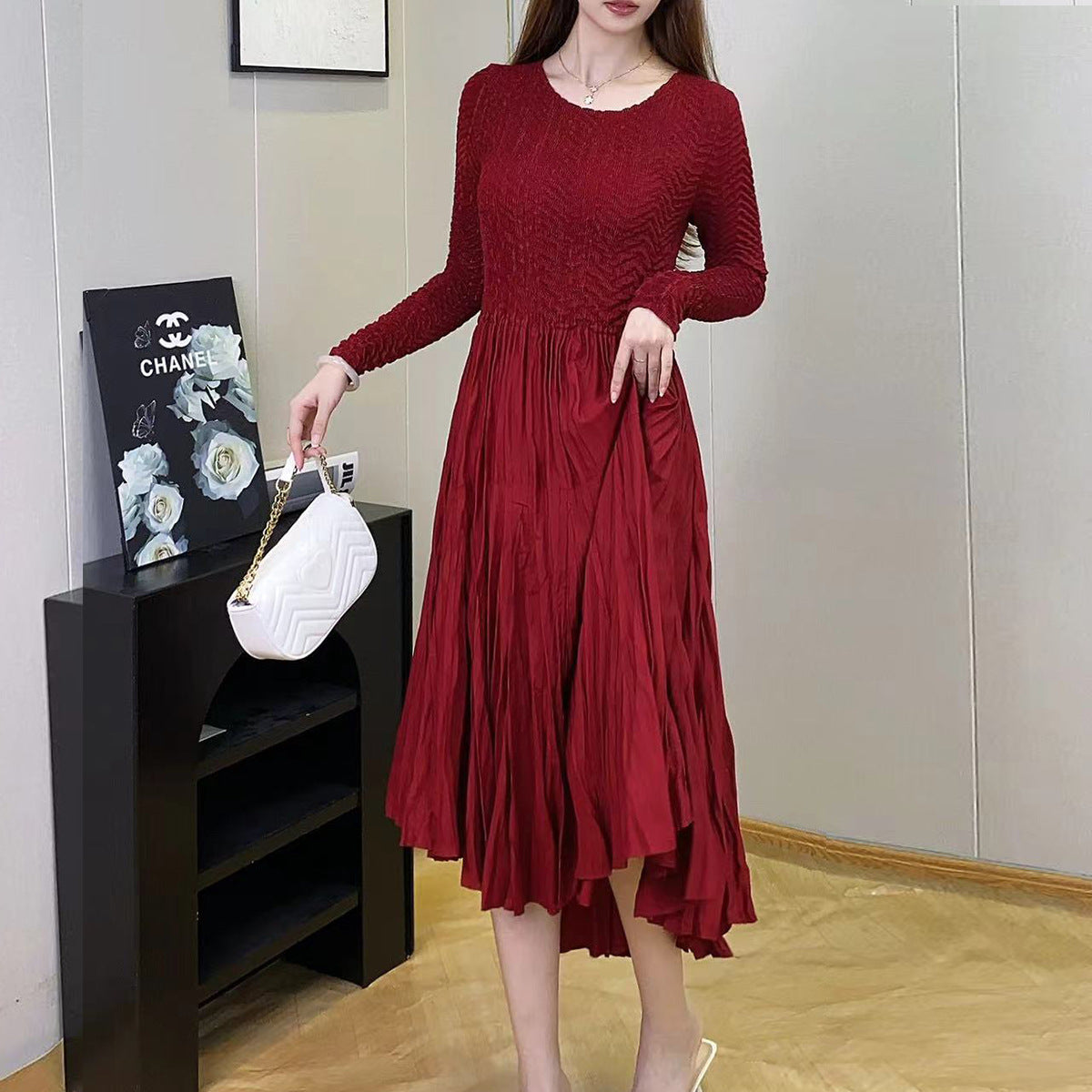 dress long-sleeved women's high-end sense small temperament elegant commuting versatile medium and long A-word skirt Popular style