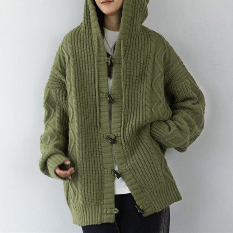 maoxiangshop-shop outfit inspo Retro Green Horn Buckle Twist Sweater Coat for Women Spring and Autumn Loose Lazy Hooded Knitted Cardigan Thickened Upper