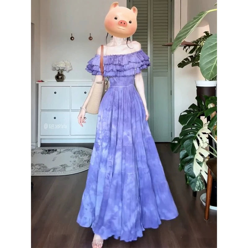 pure desire wind ruffle leaf edge shoulder dress women's  summer new waist big skirt dress long dress