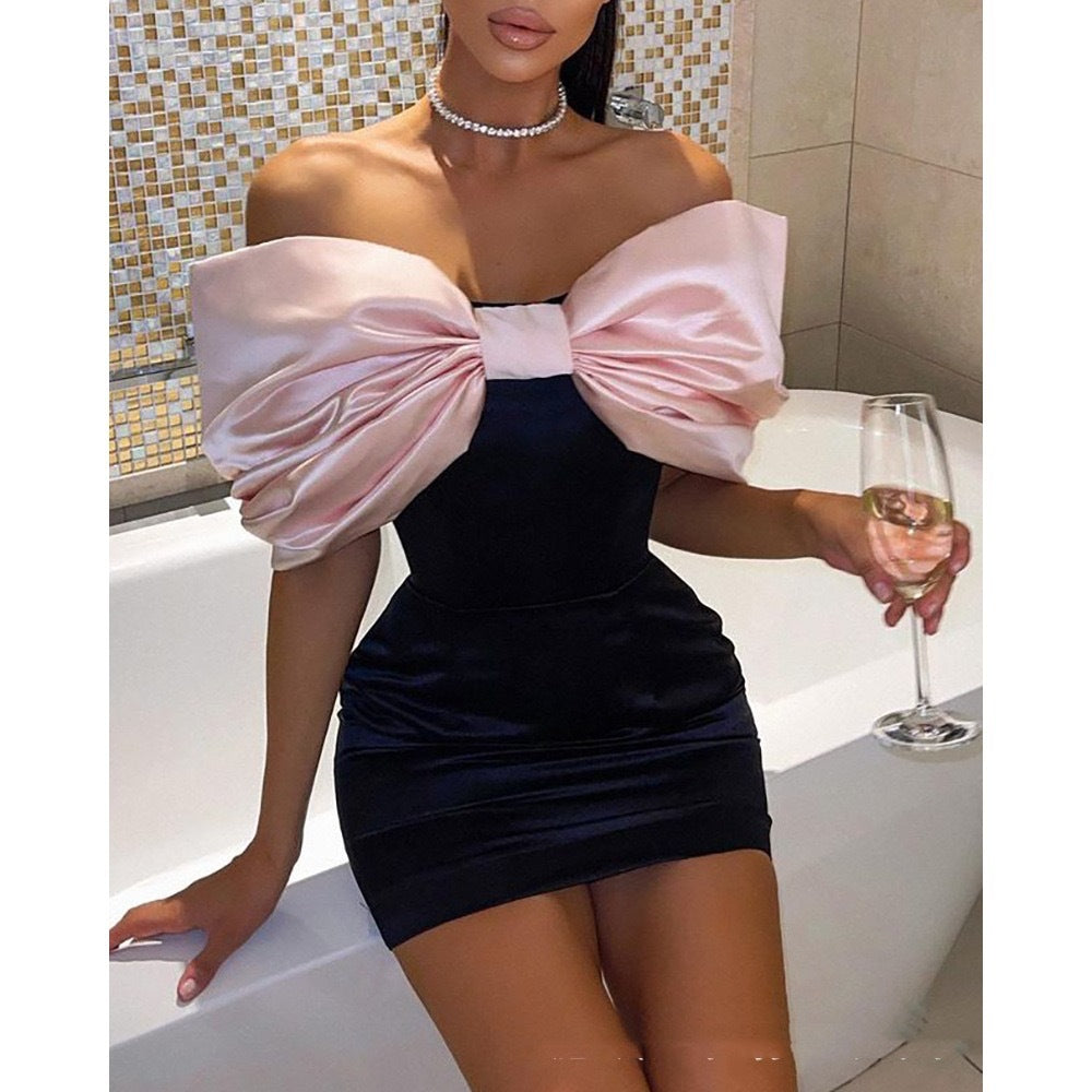 birthday outfit New Women's off-Shoulder Bow Sheath Dress Short Skirt Sexy Backless Tight Dress