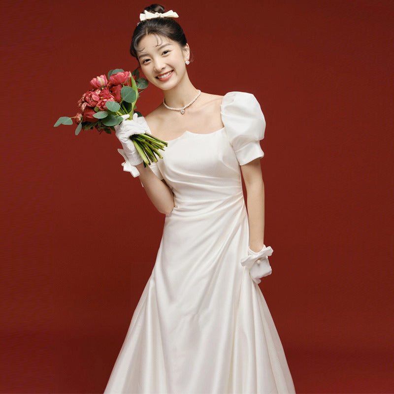 2025 Satin light wedding dress Mori bride going out yarn temperament thin light yarn small trailing white dress welcome yarn wholesale