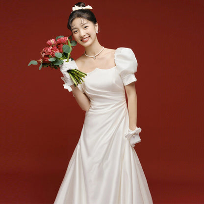 2025 Satin light wedding dress Mori bride going out yarn temperament thin light yarn small trailing white dress welcome yarn wholesale