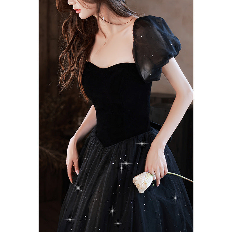 Black evening dress dress 2025 new light luxury niche temperament banquet host celebrity dress annual meeting dress