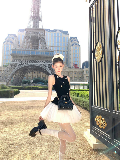 coffee break birthday dress dress women's summer new velvet princess small black dress mesh waist fluffy skirt