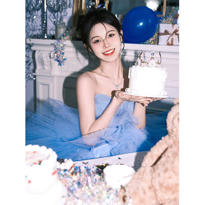 2025Blue tube top dress high-end heavy industry morning gown female bride wedding dress birthday dress trailing tutu dress dress