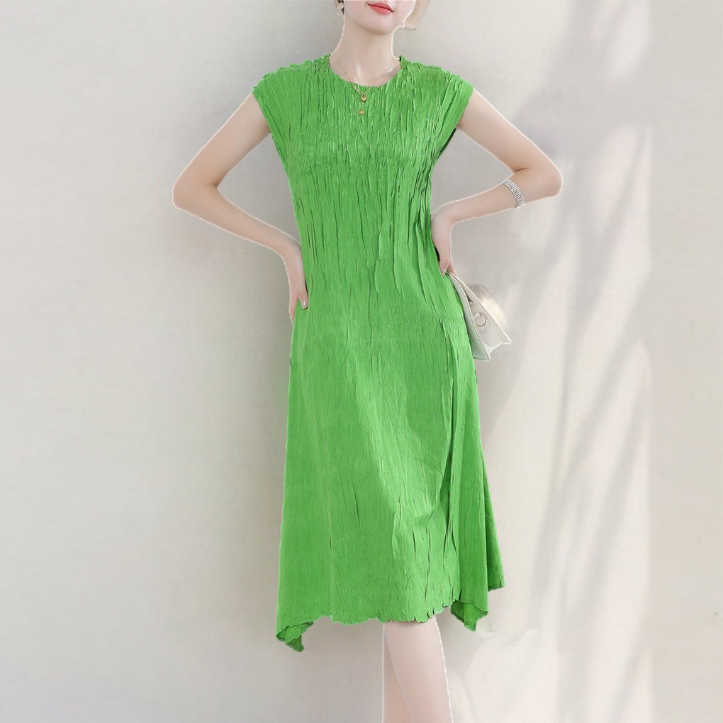 Women's new dress, high-end summer new round neck sleeveless medium and long A-shaped skirt, thin skirt