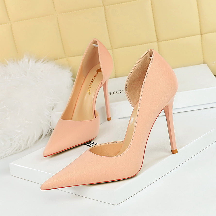 626-1 Korean version fashionable and simple pedicure, thin heel, super high heel, shallow mouth, pointed side hollow single shoes, women's high heel