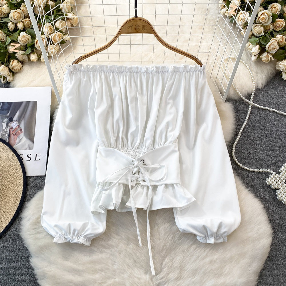 maoxiangshop grunge outfits Spring and Autumn Korean Style Hooded off-Shoulder off-Shoulder Waist Slimming Waist-Sealing Pullover Shirt Women's Western Style Short Top