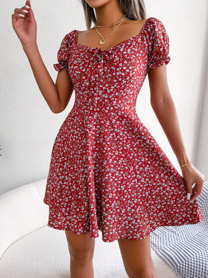 maoxiangshop Summer Floral Print Dress Women Ruffle Square Collar Back Lace-up Sundress Boho A Line Beach Party Dress