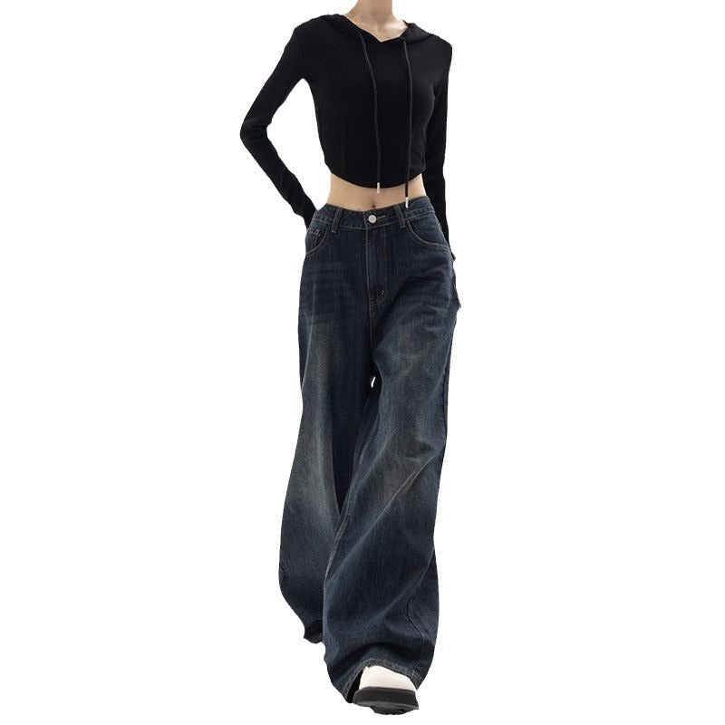 maoxiangshop-shop picture day outfit American Retro Street Wide-Leg Pants Design Sense Niche Blue Mopping Pants High Waist Loose High Waist Jeans for Women