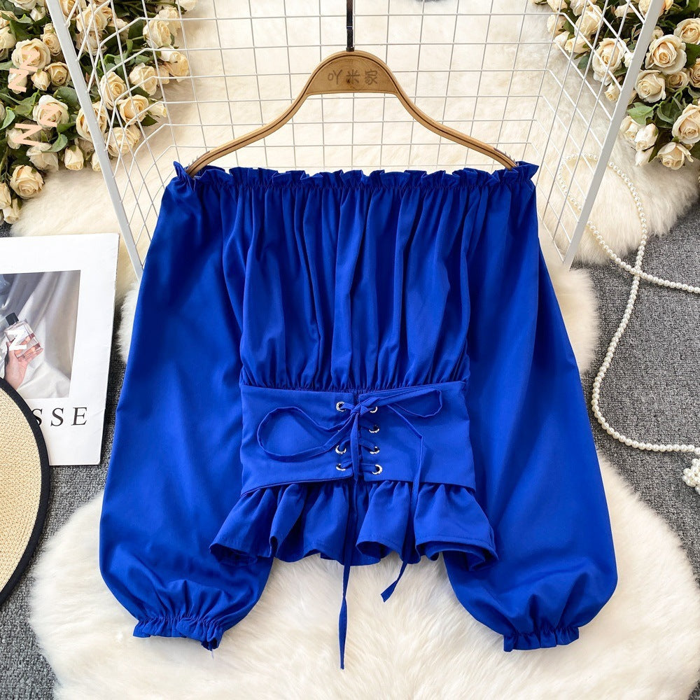maoxiangshop grunge outfits Spring and Autumn Korean Style Hooded off-Shoulder off-Shoulder Waist Slimming Waist-Sealing Pullover Shirt Women's Western Style Short Top