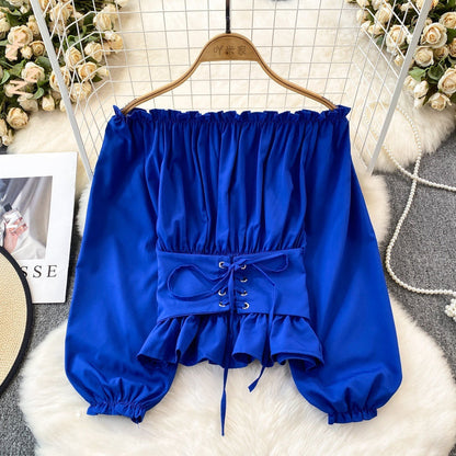 maoxiangshop grunge outfits Spring and Autumn Korean Style Hooded off-Shoulder off-Shoulder Waist Slimming Waist-Sealing Pullover Shirt Women's Western Style Short Top