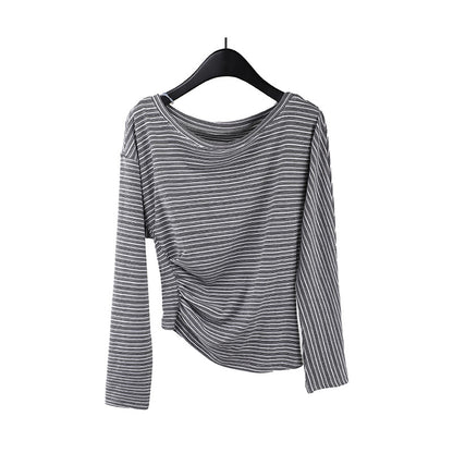 2025  Tencel striped contrasting color long-sleeved T-shirt women's 2025 spring new pleated versatile top T268