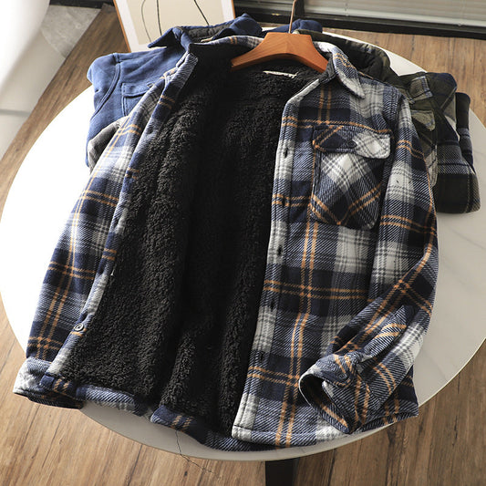 maoxiangshop-shop fall mens outfits Autumn and Winter Men's Fleece-lined Thickened Warm Loose Lamb Wool Flannel Plaid Shirt