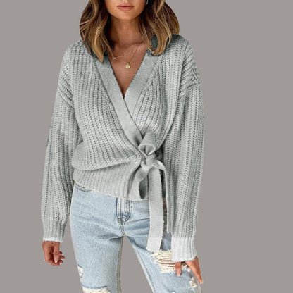 maoxiangshop 2000s fashion Autumn and Winter Casual V-neck Lace-up Knotted Sweater Sweater Women's Clothing