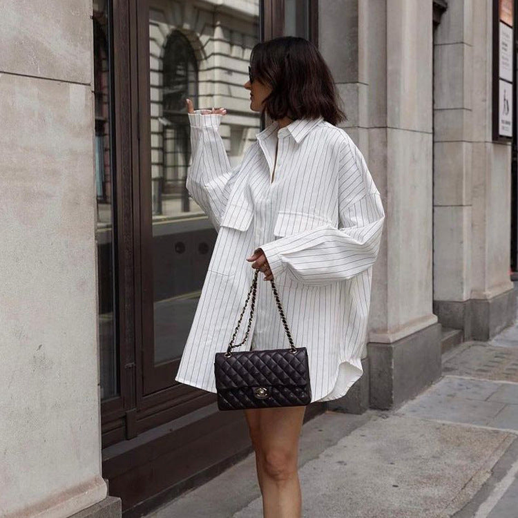 maoxiangshop 2000s fashion New Autumn Lapel Long Sleeve Striped Shirt Coat Fashionable Loose Casual Shirt for Women