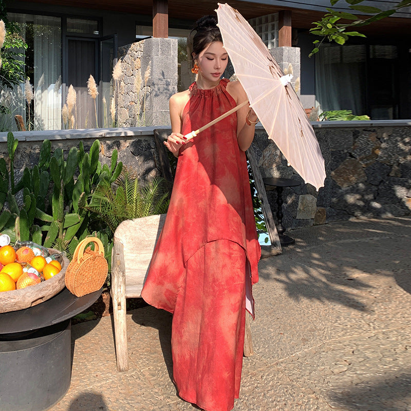 New Chinese style retro tie-dye neck dress summer beautiful temperament simple long dress fake two beach dress