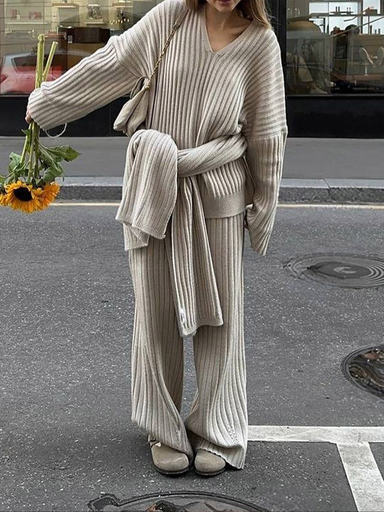 MAOXIANGSHOP 2025 Real shot -  autumn and winter wool suit women's autumn and winter high-end sense solid color v-neck sweater straight trousers two-piece set women