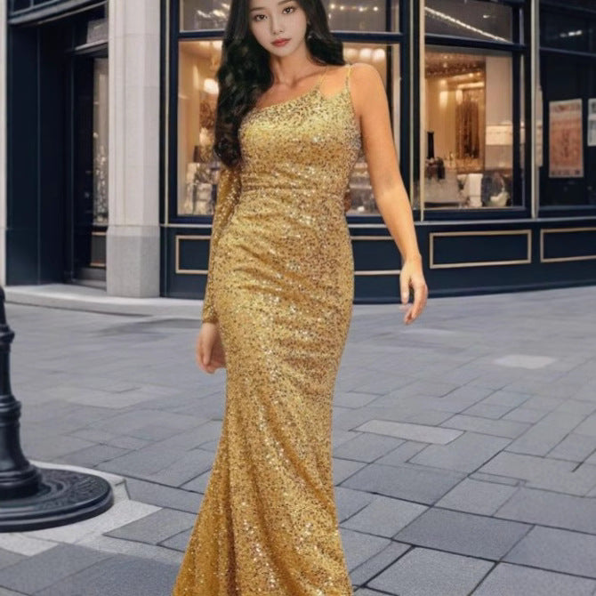 MAOXIANGSHOP 2025 2025 New new fashion V-neck hip wrap sequined mid-waist off-the-shoulder small trailing long evening dress dress