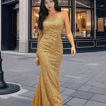 MAOXIANGSHOP 2025 2025 New new fashion V-neck hip wrap sequined mid-waist off-the-shoulder small trailing long evening dress dress