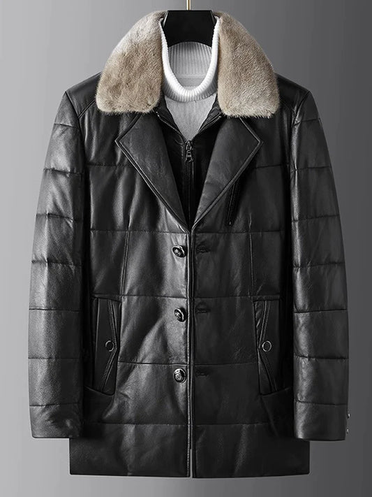 maoxiangshop Haining Fall and Winter New Arrival Men Genuine Leather down Jacket Sheepskin Outwear Mink Fur Collar Mid Length Long Length Trench Coat Leather Coat