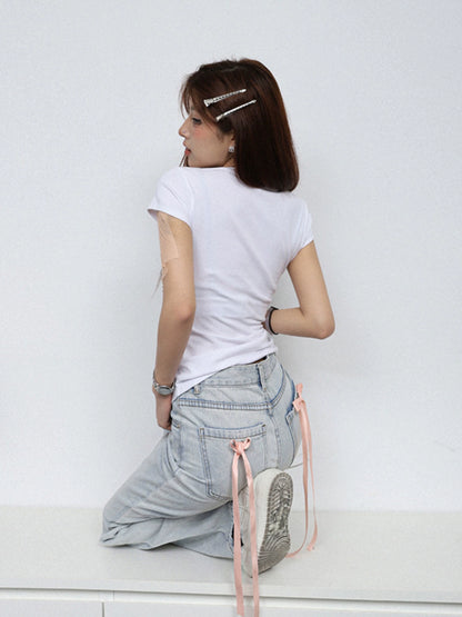 Paper Man Simple Versatile T-Shirt Summer popular New Crew Neck Front Shoulder Elastic Short Sleeve Top Women