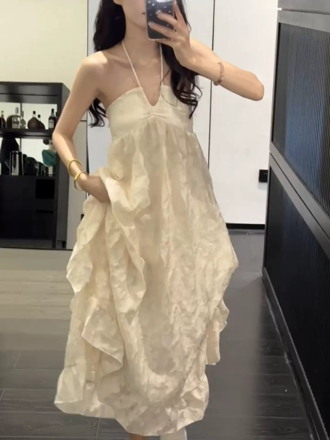 elegant neck V-neck dress women's seaside vacation wind backless heavy industry long dress super fairy loose a-word skirt