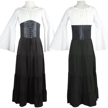 maoxiangshop group halloween costumes New Party Bell Sleeve Long Sleeve Dress Cos Women Renaissance Medieval Clothing