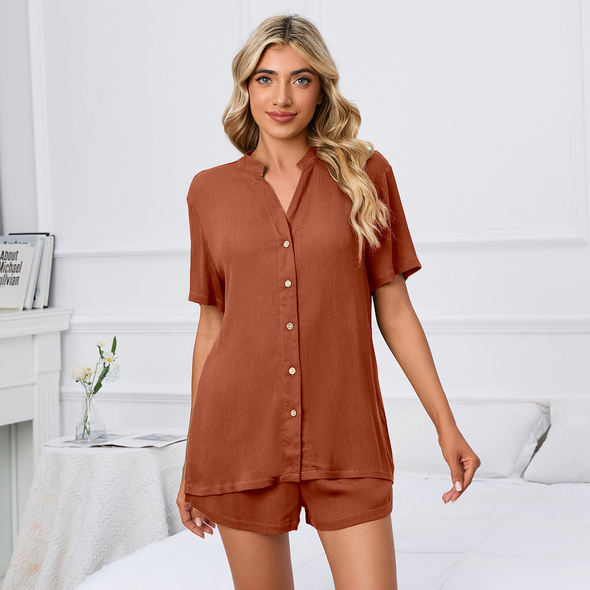 MAOXIANGSHOP 2025Real new products , Popular, 2025 and Popular trade spring and summer solid color V-neck loose button T-shirt shorts home leisure suit
