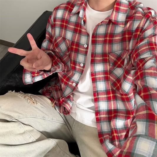 maoxiangshop-shop fall mens outfits American-Style Red Plaid Shirt Men's Spring and Summer New High Street Loose High-Grade Shirt Top
