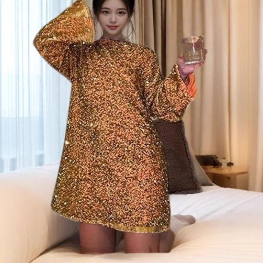 MAOXIANGSHOP 2025 Spring and Autumn Cross-border  Women's Clothing Crew Neck 2025 Long Sleeve Loose Large Size Sexy Sequin Short Dress