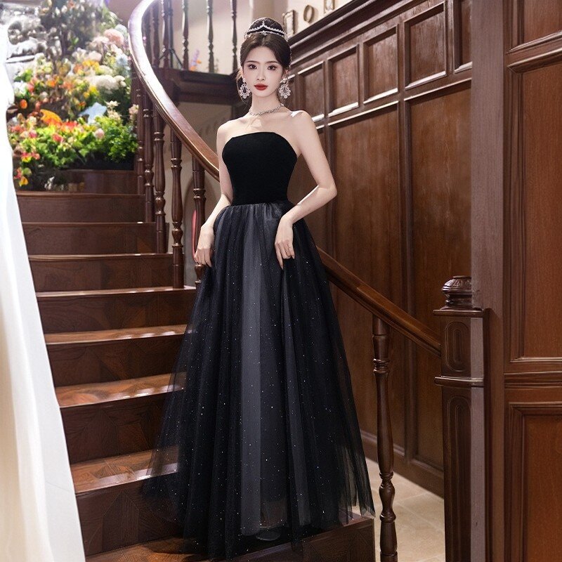 2025 tube top evening dress women's light luxury dress looks thin and beautiful, annual art exam black long style, high texture small man