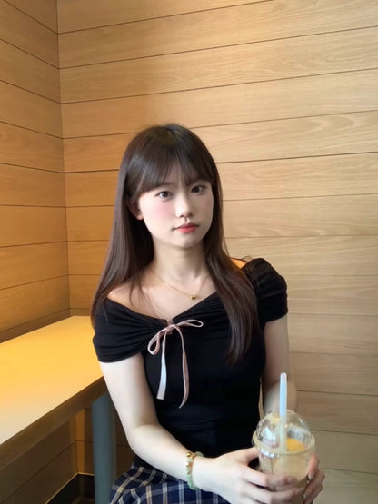 One-word neck bow tie-up black short-sleeved T-shirt women's summer pure desire wind sweet and spicy slim-fitting off-the-shoulder top