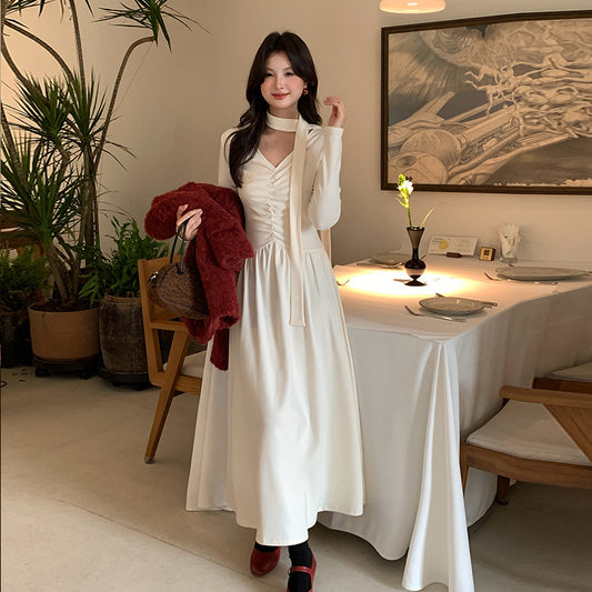 2025 popular autumn and winter high waist temperament V-neck neck dress temperament thin base long skirt 88141