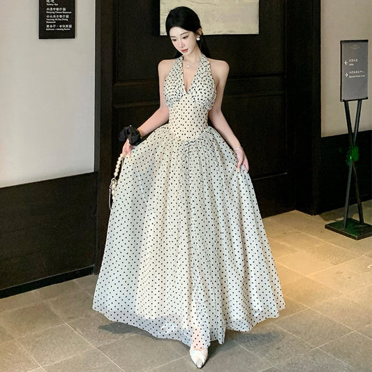 polka dot v-neck neck dress women's summer pure desire to close the waist big swing long dress backless vacation super fairy skirt