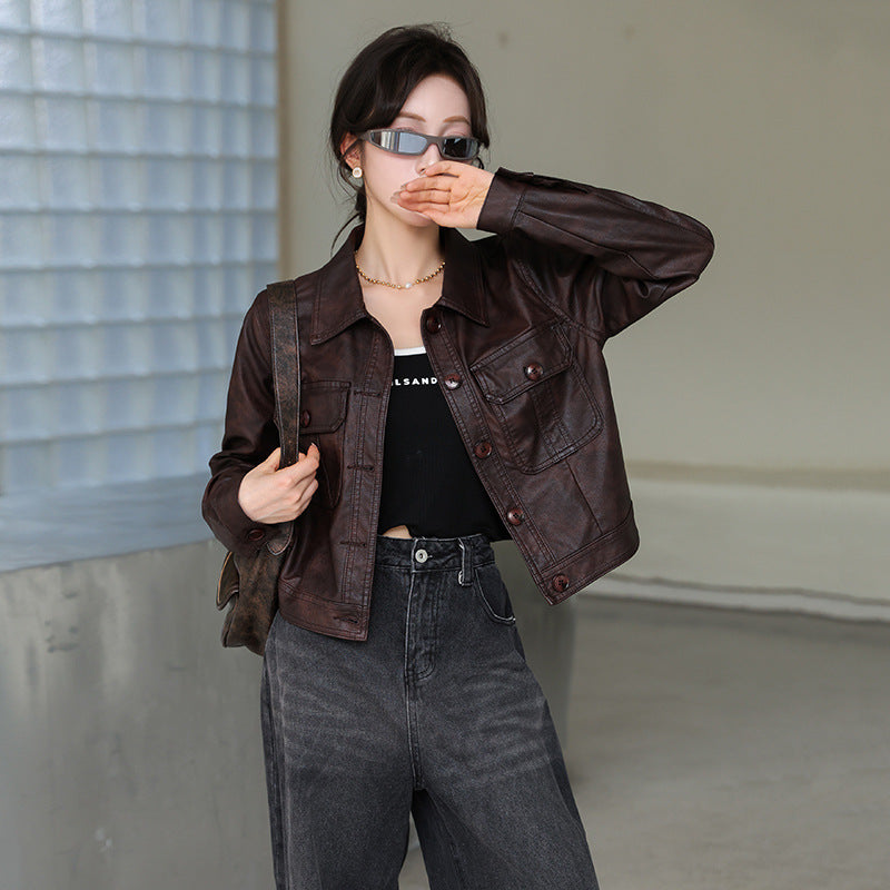 maoxiangshop y2k outfits Fall 2024 New Simple and Capable Slim Fit Slimming Regular Sleeve Versatile PU Leather Coat Retro Maillard
