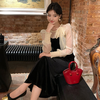 2025 popular autumn clothing new high waist temperament velvet lace-up dress high-end long dress children 88129