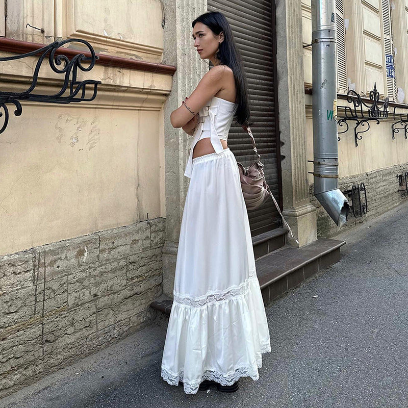 maoxiangshop -  Women's Autumn and Winter New Lace Splicing Low Waist Swing Skirt Elegant Casual Long Skirt Vestidos
