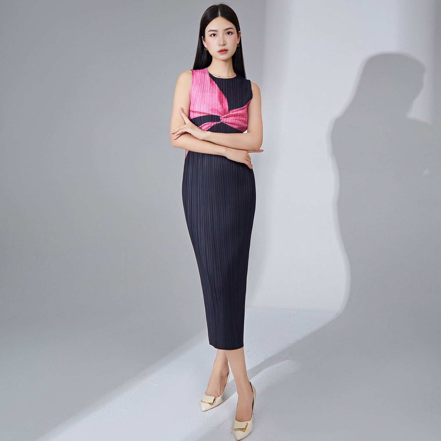 dress long high-end temperament sleeveless printing fashionable and elegant versatile one-step skirt pleated skirt summer