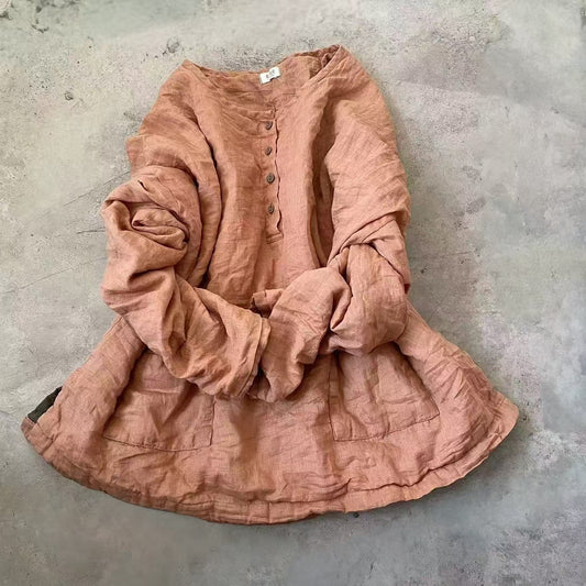 2025 24/12 SN111 autumn and winter leisure literary and artistic versatile button-up solid color linen jumper
