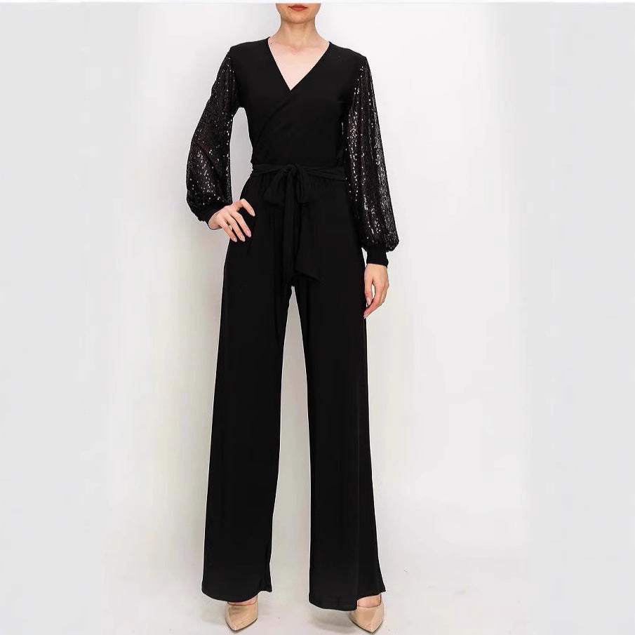 MAOXIANGSHOP 2025 spring and summer new product fashion V-neck lace-up sequined 2025 dress mid-waist lantern sleeve long evening dress