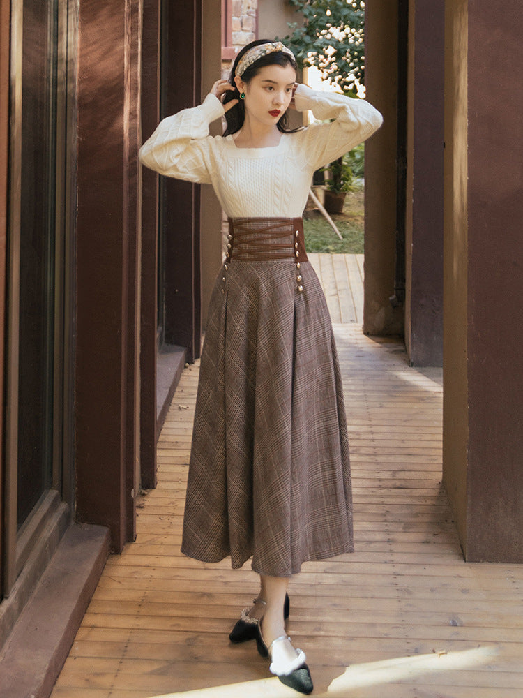 maoxiangshop 2000s fashion Autumn and Winter New Twist Square Collar Long Sleeve Thick Sweater + Lace Plaid Woolen Skirt Two-Piece Set