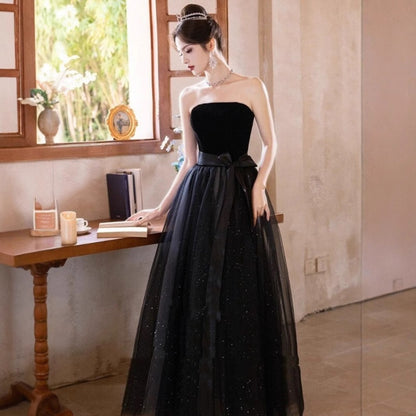 2025 tube top evening dress women's light luxury dress looks thin and beautiful, annual art exam black long style, high texture small man