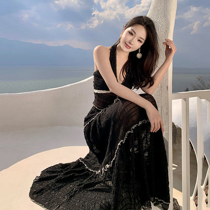 Holiday style wear suit Spice girl halter short neck vest women's summer high waist skirt black two-piece set