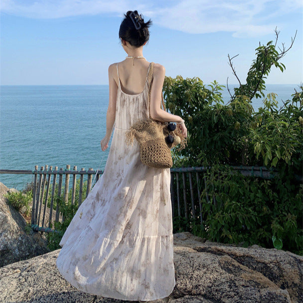 2025 New Chinese floral suspender dress for women's summer new national style temperament super fairy backless vacation beach long skirt