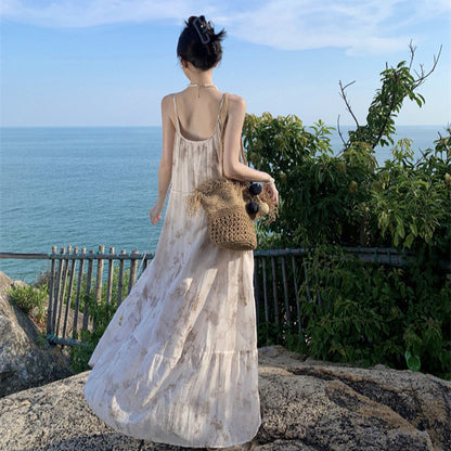 2025 New Chinese floral suspender dress for women's summer new national style temperament super fairy backless vacation beach long skirt