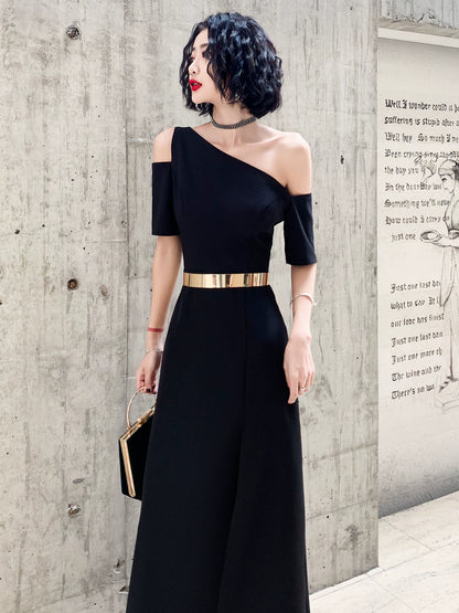 Black one-shoulder evening dress dress women can usually wear banquet temperament long noble aura queen birthday dress